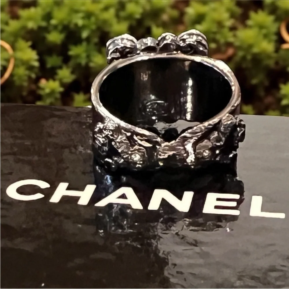 CHANEL Silver and Black Crystal Ring